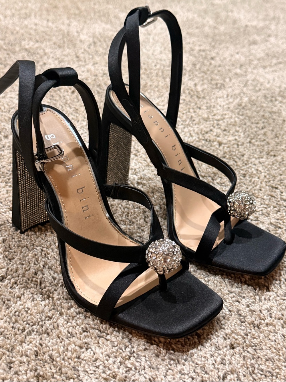 Gianni Bini Black Satin Strappy Block Heels with Crystal Orb